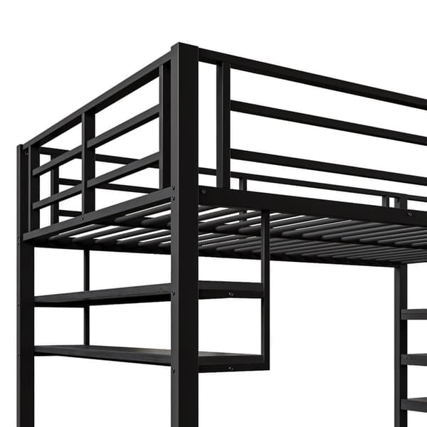 140x200 cm metal mezzanin seng - med hylde og opbevaringsstige - sort