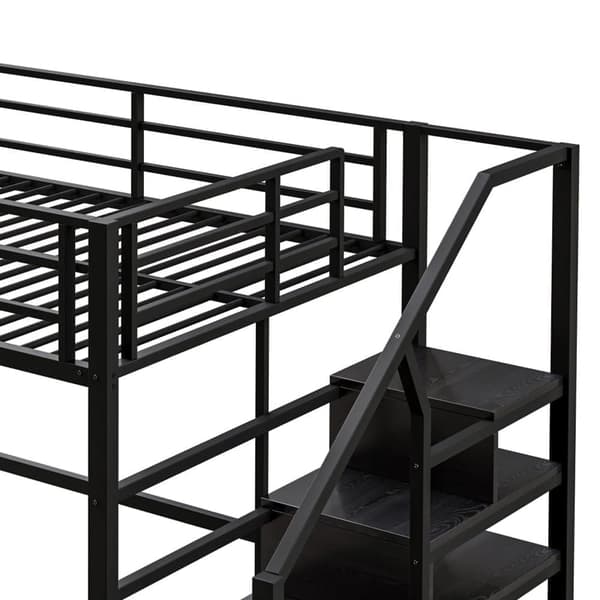 140x200 cm metal mezzanin seng - med hylde og opbevaringsstige - sort