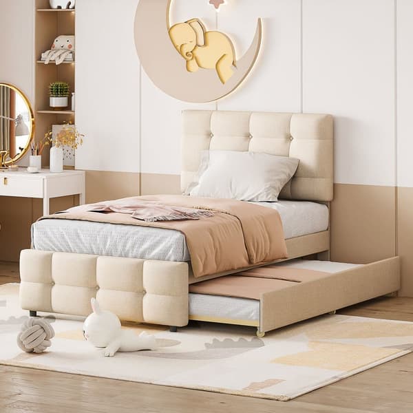 Polstret underseng 90x200cm - Justerbar sengegavl - Linnedstof - Beige
