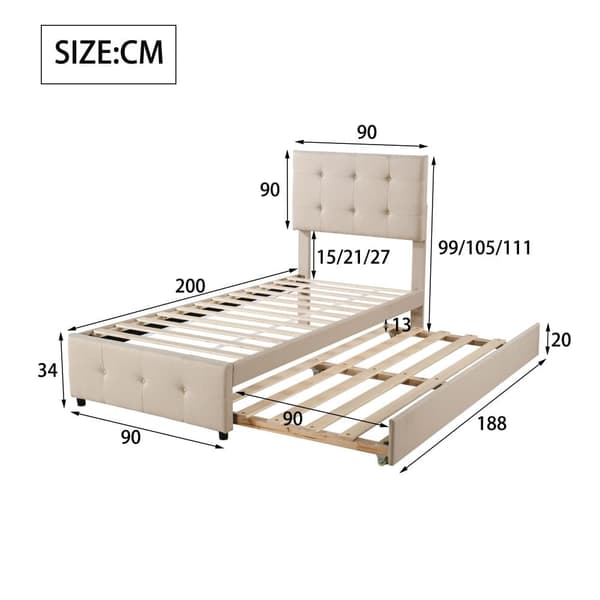 Polstret underseng 90x200cm - Justerbar sengegavl - Linnedstof - Beige