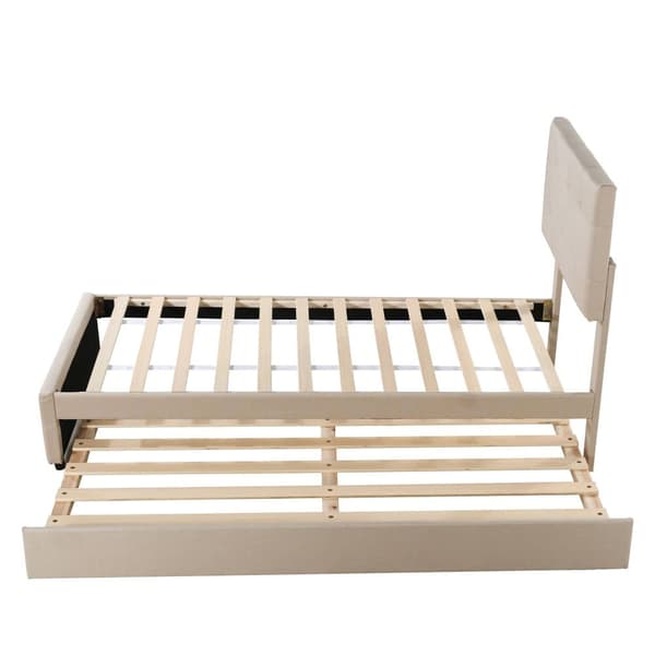 Polstret underseng 90x200cm - Justerbar sengegavl - Linnedstof - Beige