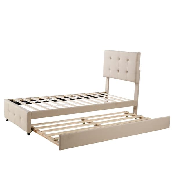 Polstret underseng 90x200cm - Justerbar sengegavl - Linnedstof - Beige