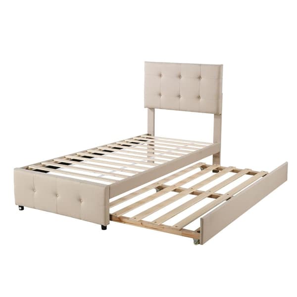 Polstret underseng 90x200cm - Justerbar sengegavl - Linnedstof - Beige