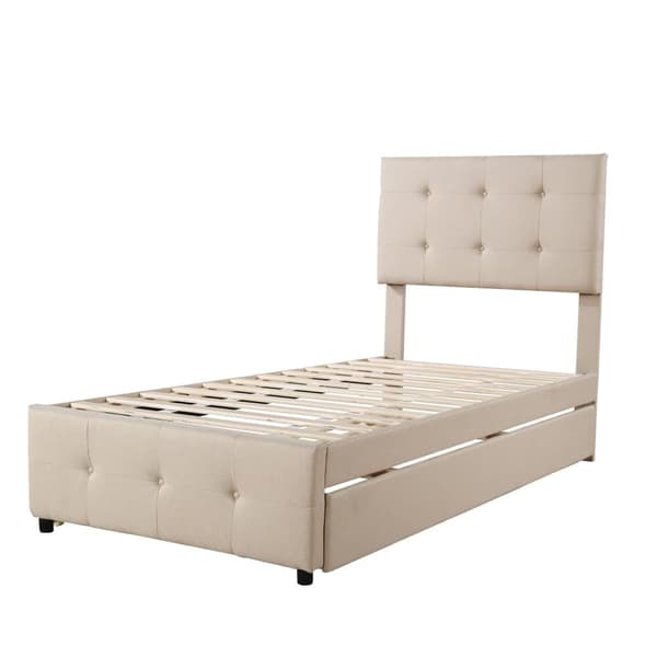 Polstret underseng 90x200cm - Justerbar sengegavl - Linnedstof - Beige
