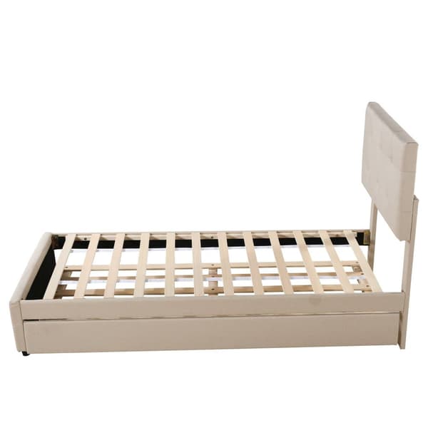 Polstret underseng 90x200cm - Justerbar sengegavl - Linnedstof - Beige