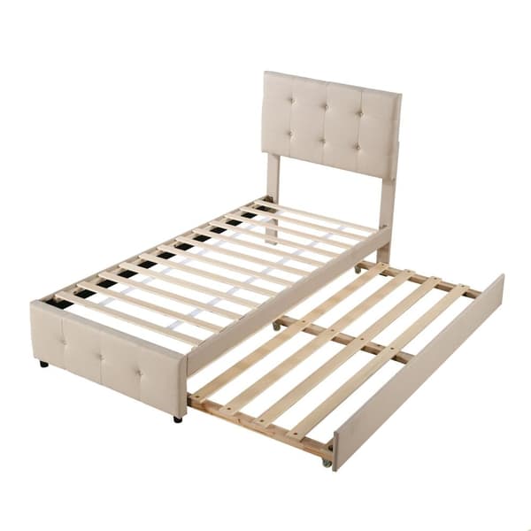 Polstret underseng 90x200cm - Justerbar sengegavl - Linnedstof - Beige