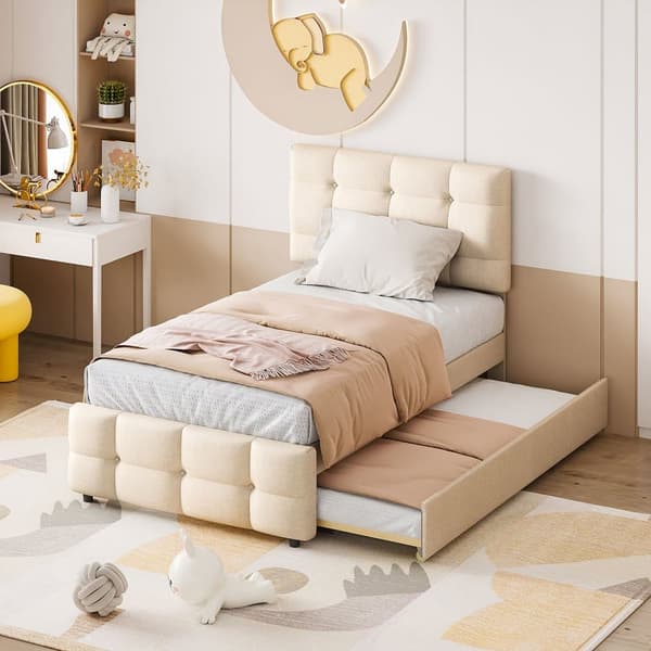 Polstret underseng 90x200cm - Justerbar sengegavl - Linnedstof - Beige