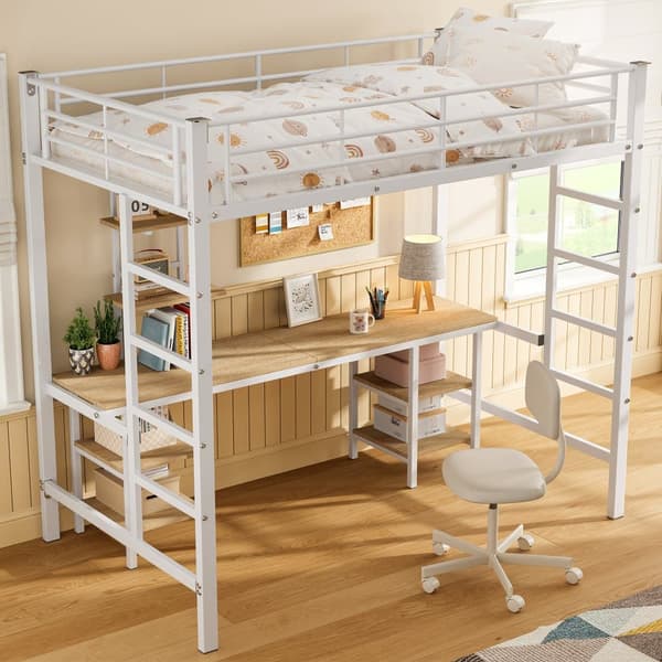 Mezzanin Seng 90x200 cm - med skrivebord og hylder - Jernstel - Hvid