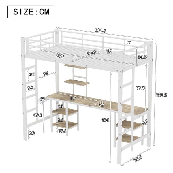 Mezzanin Seng 90x200 cm - med skrivebord og hylder - Jernstel - Hvid