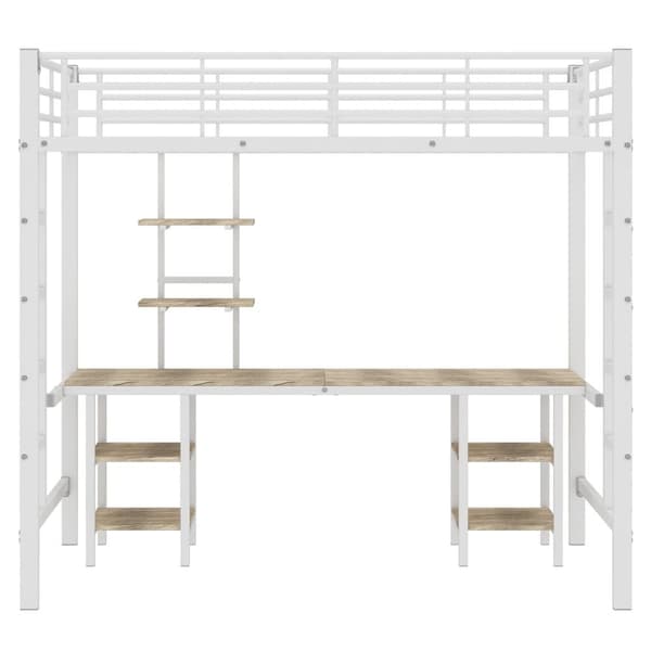 Mezzanin Seng 90x200 cm - med skrivebord og hylder - Jernstel - Hvid