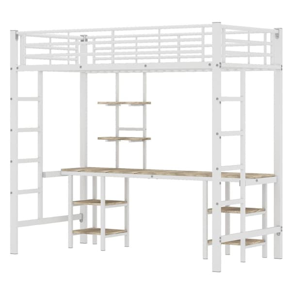 Mezzanin Seng 90x200 cm - med skrivebord og hylder - Jernstel - Hvid