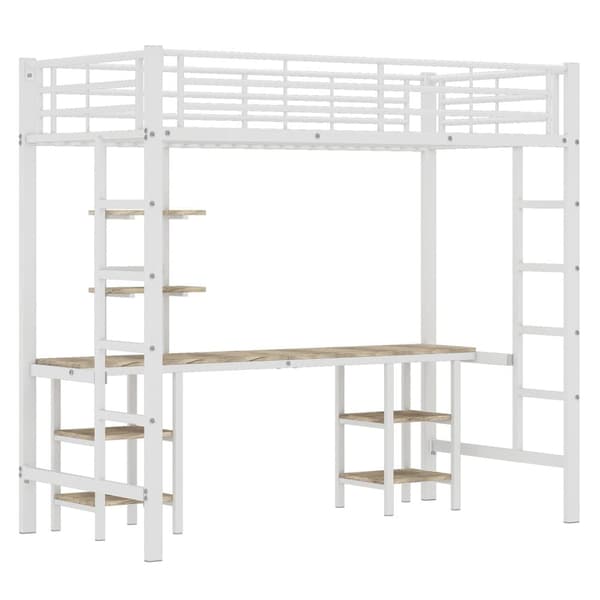 Mezzanin Seng 90x200 cm - med skrivebord og hylder - Jernstel - Hvid