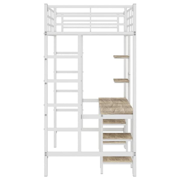 Mezzanin Seng 90x200 cm - med skrivebord og hylder - Jernstel - Hvid