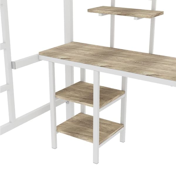 Mezzanin Seng 90x200 cm - med skrivebord og hylder - Jernstel - Hvid