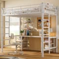 Miniatyrbillede 2 af 11: Mezzanin Seng 90x200 cm - med skrivebord og hylder - Jernstel - Hvid