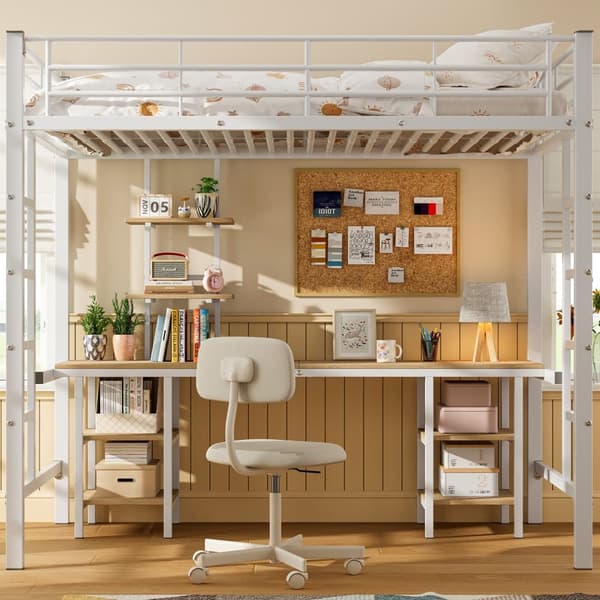 Mezzanin Seng 90x200 cm - med skrivebord og hylder - Jernstel - Hvid