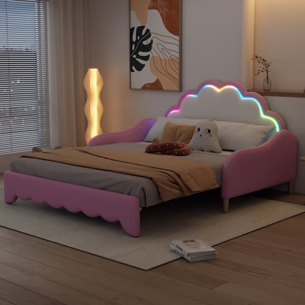 Utdragbar barnsäng i konstläder - 140x200cm - med LED och fjärrkontroll - Rosa