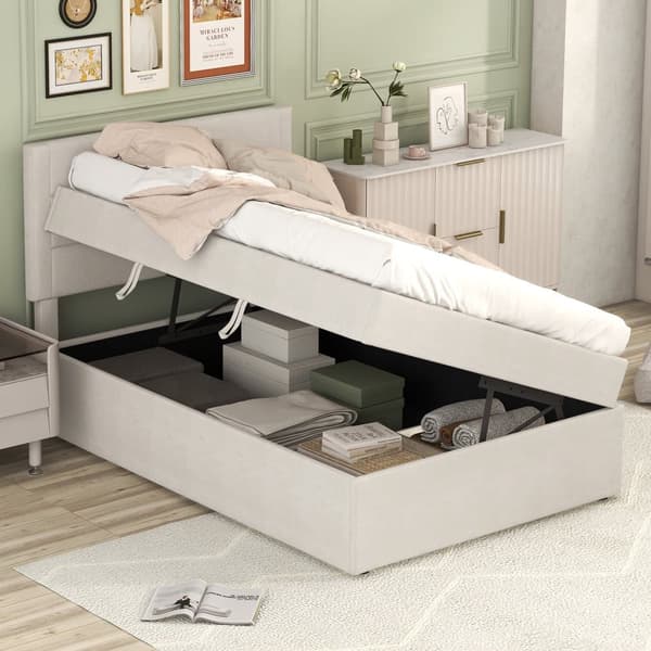Sengekiste med tremmesengsbund - 90x200 cm - Hørstof - Beige