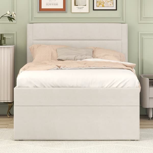 Sengekiste med tremmesengsbund - 90x200 cm - Hørstof - Beige
