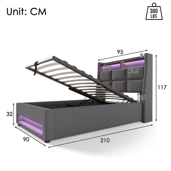 Seng med linnedskab 90x200cm med LED og USB porte - Bundplade - Grå