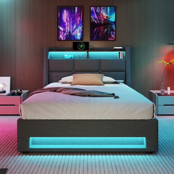 Seng med linnedskab 90x200cm med LED og USB porte - Bundplade - Grå