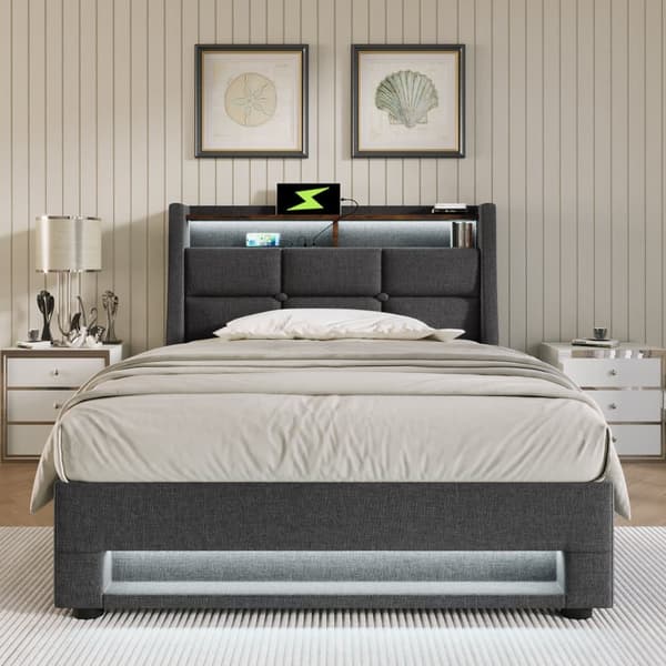 Seng med linnedskab 90x200cm med LED og USB porte - Bundplade - Grå