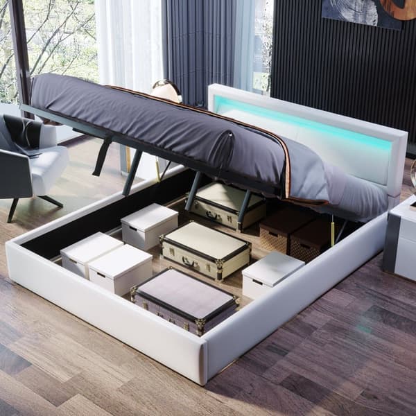Dubbelsäng med LED 140 x 190 cm – Tillverkad av konstläder – Vit