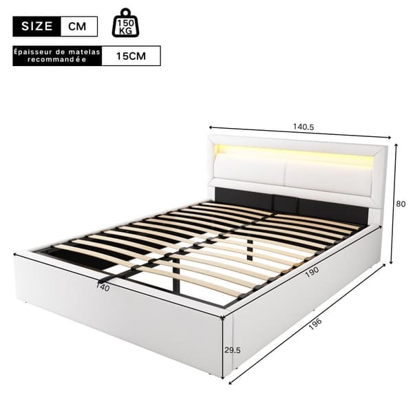 Dubbelsäng med LED 140 x 190 cm – Tillverkad av konstläder – Vit