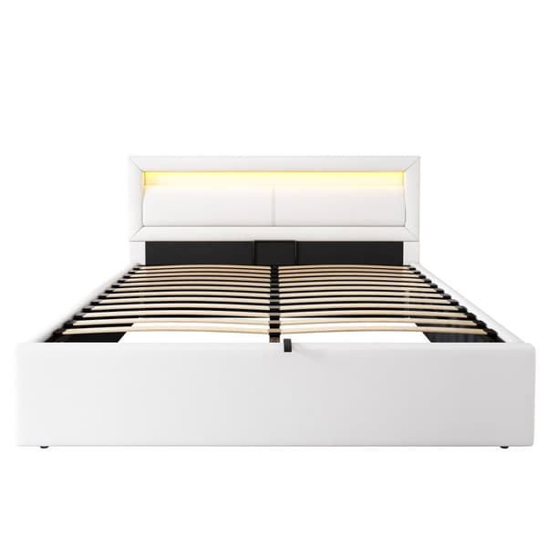 Dubbelsäng med LED 140 x 190 cm – Tillverkad av konstläder – Vit