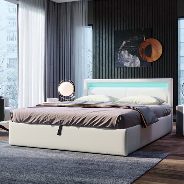 Dubbelsäng med LED 140 x 190 cm – Tillverkad av konstläder – Vit