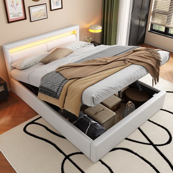 Dubbelsäng med LED 140 x 190 cm – Tillverkad av konstläder – Vit