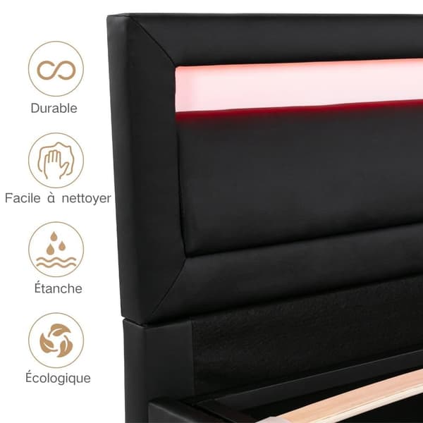 Dubbelsäng med LED 140 x 190 cm – Tillverkad av konstläder – Svart