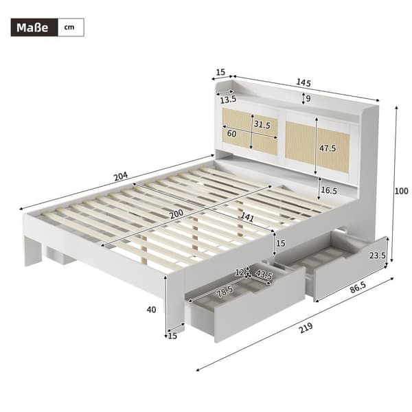 Säilytyssänky 140x200 cm – Parivuode massiivipuuta rottinkiyksityiskohdilla – Sänky laatikoilla ja säilytystilalla – Ilman patjaa – Me