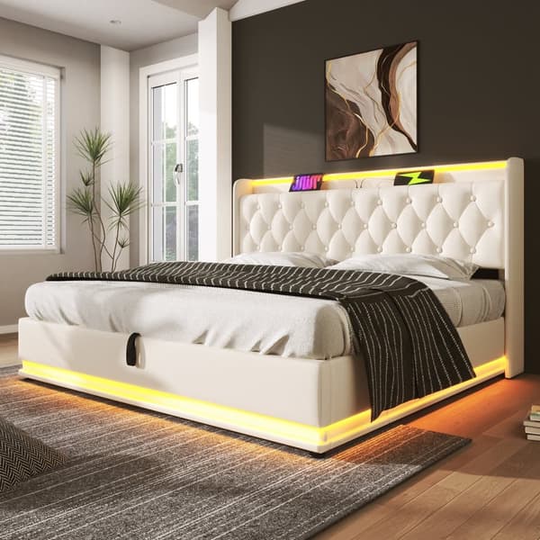 140x200cm imiteret læder sengekiste - med LED og USB og Type-C stik - hvid