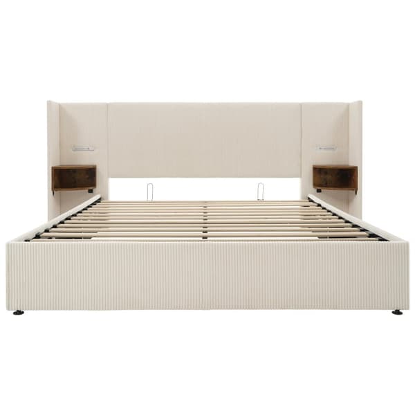 Corduroy dubbelsäng 180x200cm, med läslampa och laddningsfunktion, beige