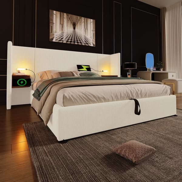 Corduroy dubbelsäng 180x200cm, med läslampa och laddningsfunktion, beige