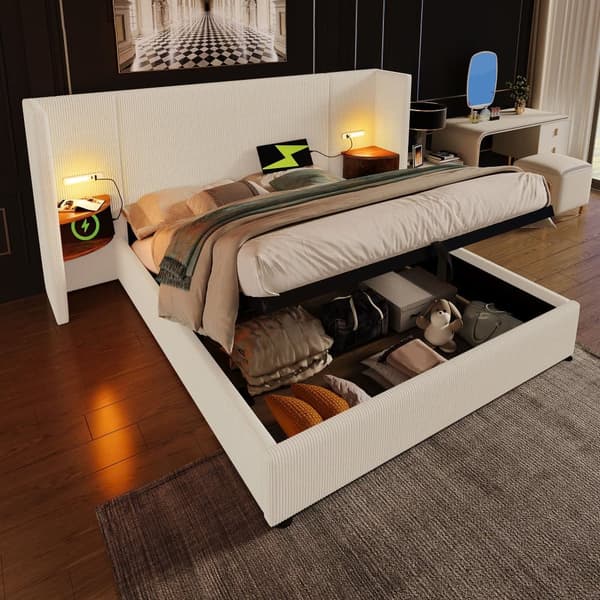 Corduroy dubbelsäng 180x200cm, med läslampa och laddningsfunktion, beige