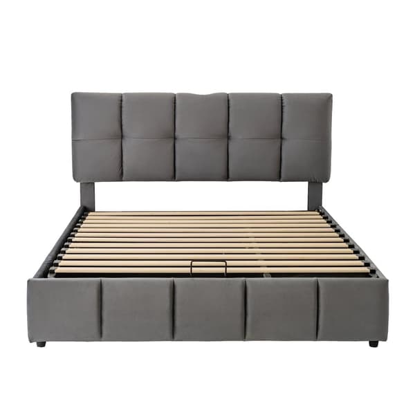 Stoppad säng med låda 140x200 cm - med 3 lådor - med justerbar huvudgavel - med 3 lastningsstationer - sammet - grå (madrass ingår ej)
