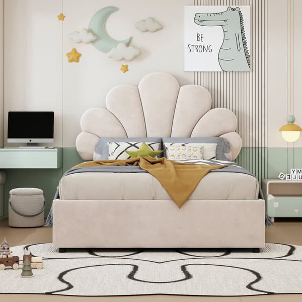Samettiverhoiltu säilytyssänky - 90 x 200 cm - kukanmuotoinen sängynpääty - sälekehyksellä - beige