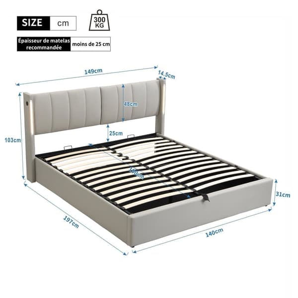 Polstret seng 140 x 190 cm - med USB-port til opladning - med LED-belysning - justerbar sengegavl - PU - grå (madras medfølger ikke)