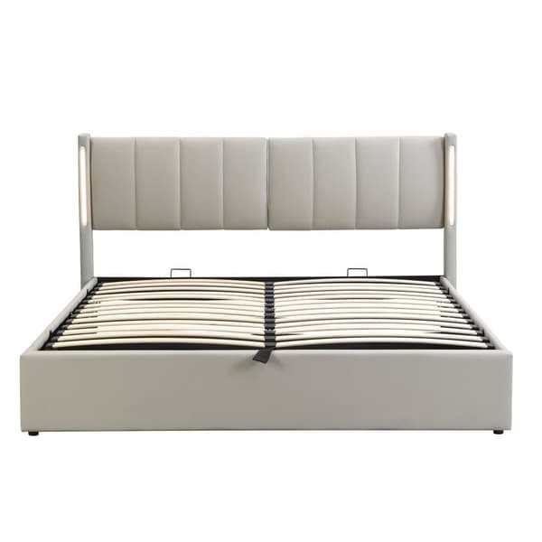Polstret seng 140 x 190 cm - med USB-port til opladning - med LED-belysning - justerbar sengegavl - PU - grå (madras medfølger ikke)