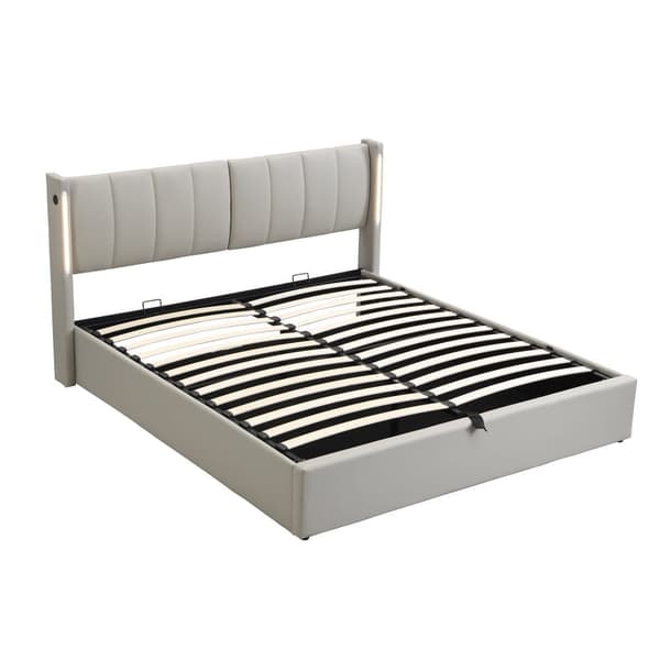Polstret seng 140 x 190 cm - med USB-port til opladning - med LED-belysning - justerbar sengegavl - PU - grå (madras medfølger ikke)