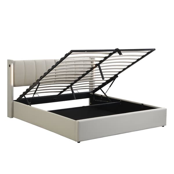 Polstret seng 140 x 190 cm - med USB-port til opladning - med LED-belysning - justerbar sengegavl - PU - grå (madras medfølger ikke)