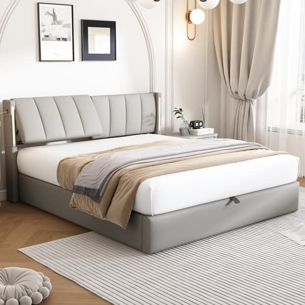 Polstret seng 140 x 190 cm - med USB-port til opladning - med LED-belysning - justerbar sengegavl - PU - grå (madras medfølger ikke)