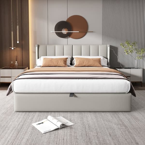 Polstret seng 140 x 190 cm - med USB-port til opladning - med LED-belysning - justerbar sengegavl - PU - grå (madras medfølger ikke)