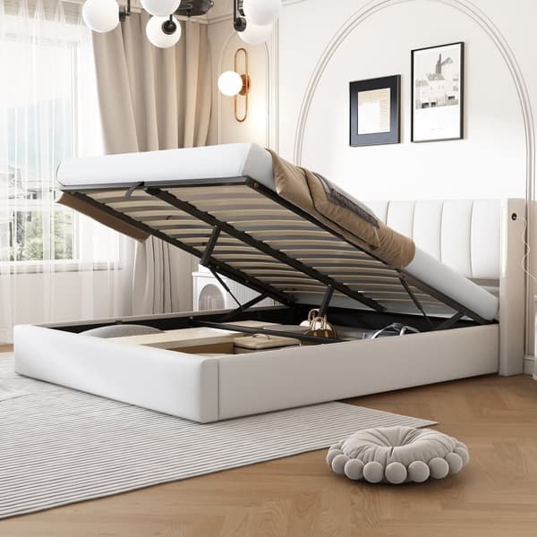 Polstret seng 140 x 190 cm - med USB-port til opladning - med LED-belysning - justerbar sengegavl - PU - hvid (madras medfølger ikke)