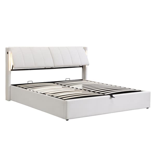 Polstret seng 140 x 190 cm - med USB-port til opladning - med LED-belysning - justerbar sengegavl - PU - hvid (madras medfølger ikke)