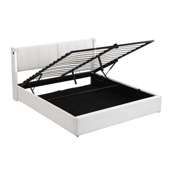Polstret seng 140 x 190 cm - med USB-port til opladning - med LED-belysning - justerbar sengegavl - PU - hvid (madras medfølger ikke)
