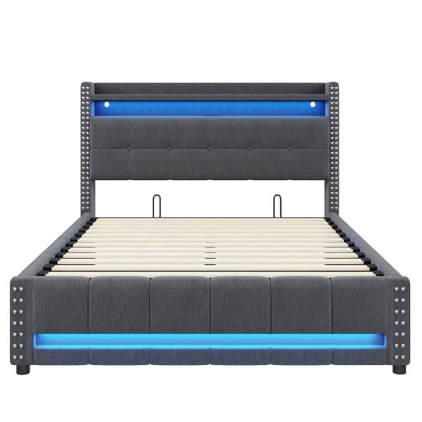 Linnedseng med opbevaringsrum, 160 x 200 cm - med LED og USB-stik - med lamelramme - grå