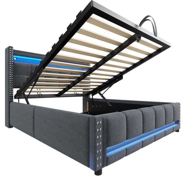 Linnedseng med opbevaringsrum, 160 x 200 cm - med LED og USB-stik - med lamelramme - grå